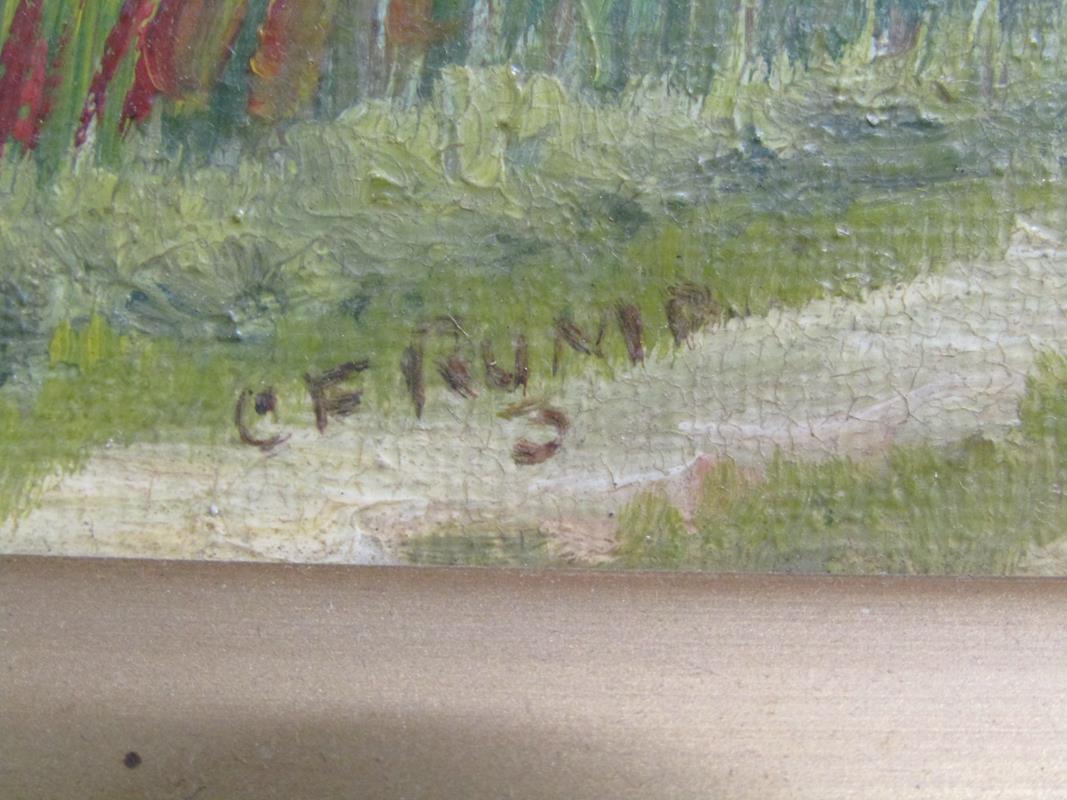 Framed C F Rump oil on canvas with windmills, boats and sheep on a country lane - approx. 62cm x - Image 3 of 6