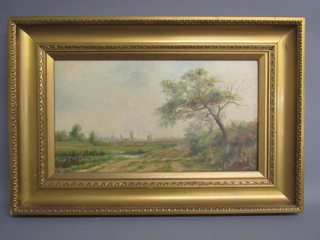 Framed C F Rump oil on canvas with windmills, boats and sheep on a country lane - approx. 62cm x - Image 2 of 6