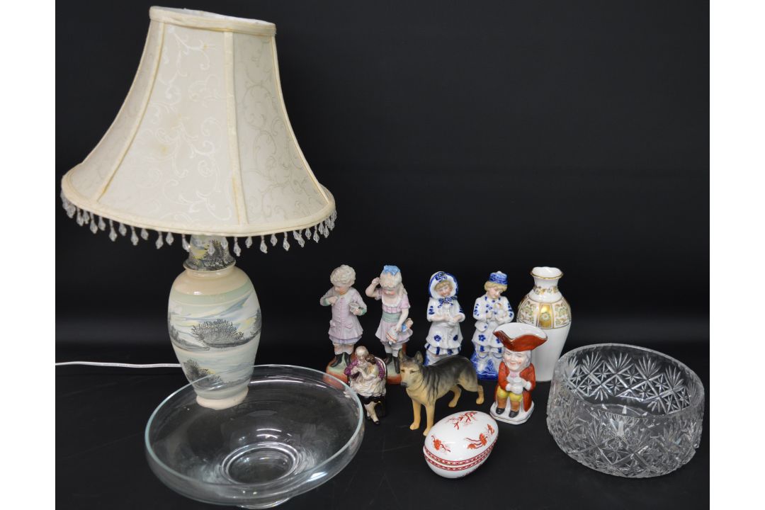 Mocha Ware lamp by Roger Irving, Royal Crown Derby "Green Derby Panel" vase (2nd), Beswick Ch Ulrica