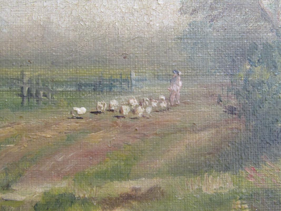 Framed C F Rump oil on canvas with windmills, boats and sheep on a country lane - approx. 62cm x - Image 4 of 6