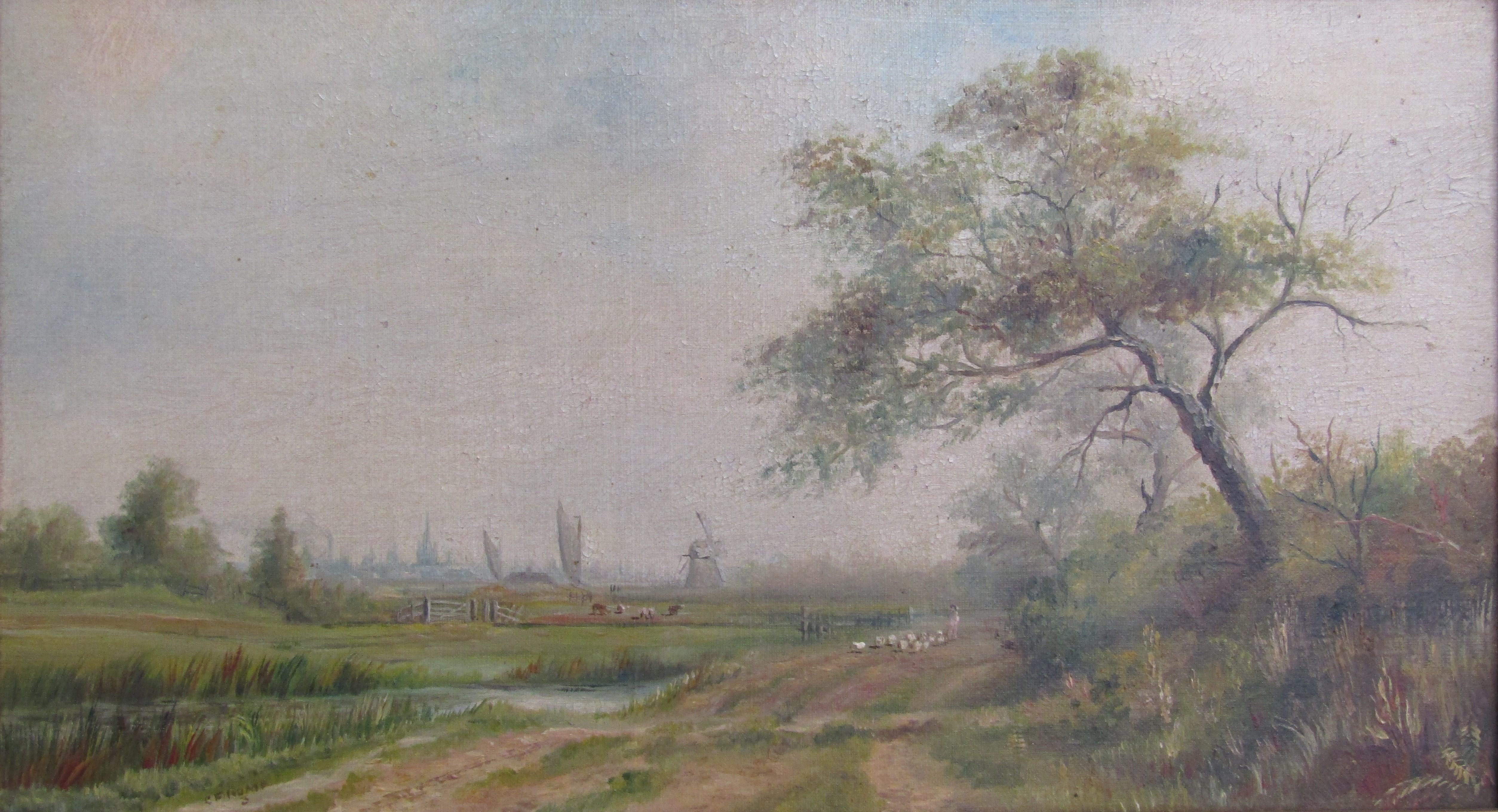 Framed C F Rump oil on canvas with windmills, boats and sheep on a country lane - approx. 62cm x