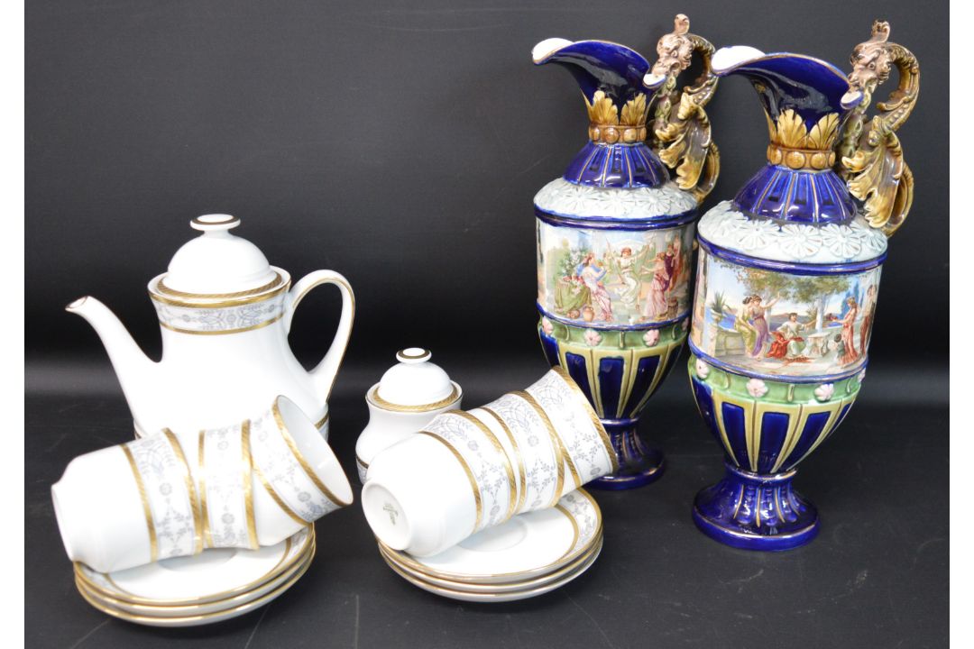 Bavarian tea set & pair of Continental ewers with classical frieze decoration