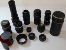 Selection of camera lenses with screw fitting, Prinz Galaxy 135mm with hood and case, Mirage Auto