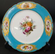 Porcelain cabinet plate with turquoise border and hand painted floral decoration, signed on