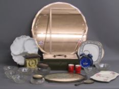 Wall mirror, money tin, glass dishes, Avia quartz mantel clock, Horlicks alarm clock, Nescafe egg