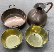 2 large brass jam pans, copper 1 gallon jug & a 2 handled copper pan