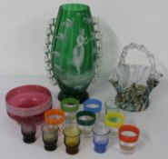 Mary Gregory green glass vase, cranberry glass bowl, glass basket etc