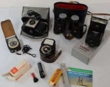 Brownie 127 camera, Spectator 8 x 30 binoculars, 2 light meters, Cobra flash gun and miscellaneous