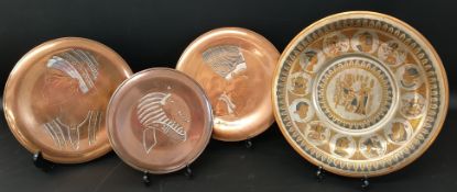 4 x copper / silver Egyptian wall plaques - largest 30cm dia.