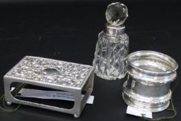 Sterling silver napkin ring 1869 with rose scroll design (engraved) 0.93ozt, silver matchbox cover