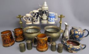 Small brass pots and candlesticks, Ridgways 'Coaching Scenes' tankards, blue and gilded pot and jug,