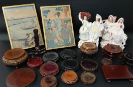 Selection of Chinese carved hardwood stands, two Staffordshire flat back figures & pair of framed