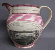Large 19th century Sunderland lustre jug by Dixon Austin & Co with Iron Bridge & 'God Speed The