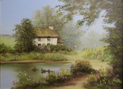 Framed Terry Heath oil on canvas depicting thatched cottage and ducks on the pond signed lower right