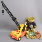 Harrod's teddy bears, Channel Island teddy and John West bear along with large Fisher Price crane
