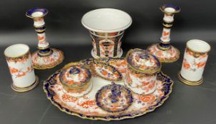 Royal Crown Derby dressing table set (some damage) & including candlesticks & spill vases & a