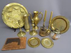 Brass ware includes plates, wall plates, vase, candlesticks etc also 2 glass oil lamps
