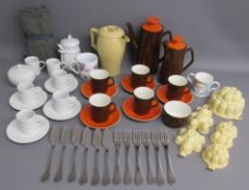 Beswick 1973 orange and brown tea set with water pot, teapot, cups, saucers and sugar bowl, Wedgwood