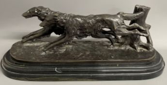 Bronze on a marble base of two Borzoi in chase, after Barye L 33cm