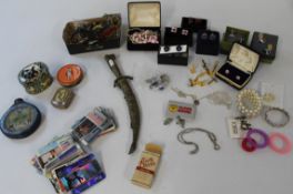 Mixed lot including costume jewellery, bracelets, cuff links, tins, 007 cards, Park Drive cards,