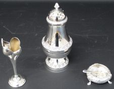 Silver plate sugar shaker (17cm), silver plate salt with spoon, silverplate vase