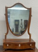 Georgian serpentine front toilet mirror with bone escutcheons & finials Ht 63cm