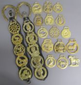 Horse brasses - 2 leather straps one having The Victoria Record 1837-1897, Edward VII, George V