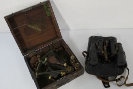 Pair of 7 x 50 USSR binoculars and brass sextant in box marked H A Johannesen