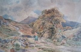 Large framed watercolour depicting lady gathering sticks, signed C J Adams 78.5cm x 60cm