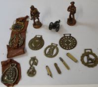 Selection of horse brasses, 2 metal figures Gentleman in Khaki & sailor and a selection of