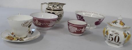Selection of Lustre ware (bowl cracked) and 50yr Golden Wedding pieces