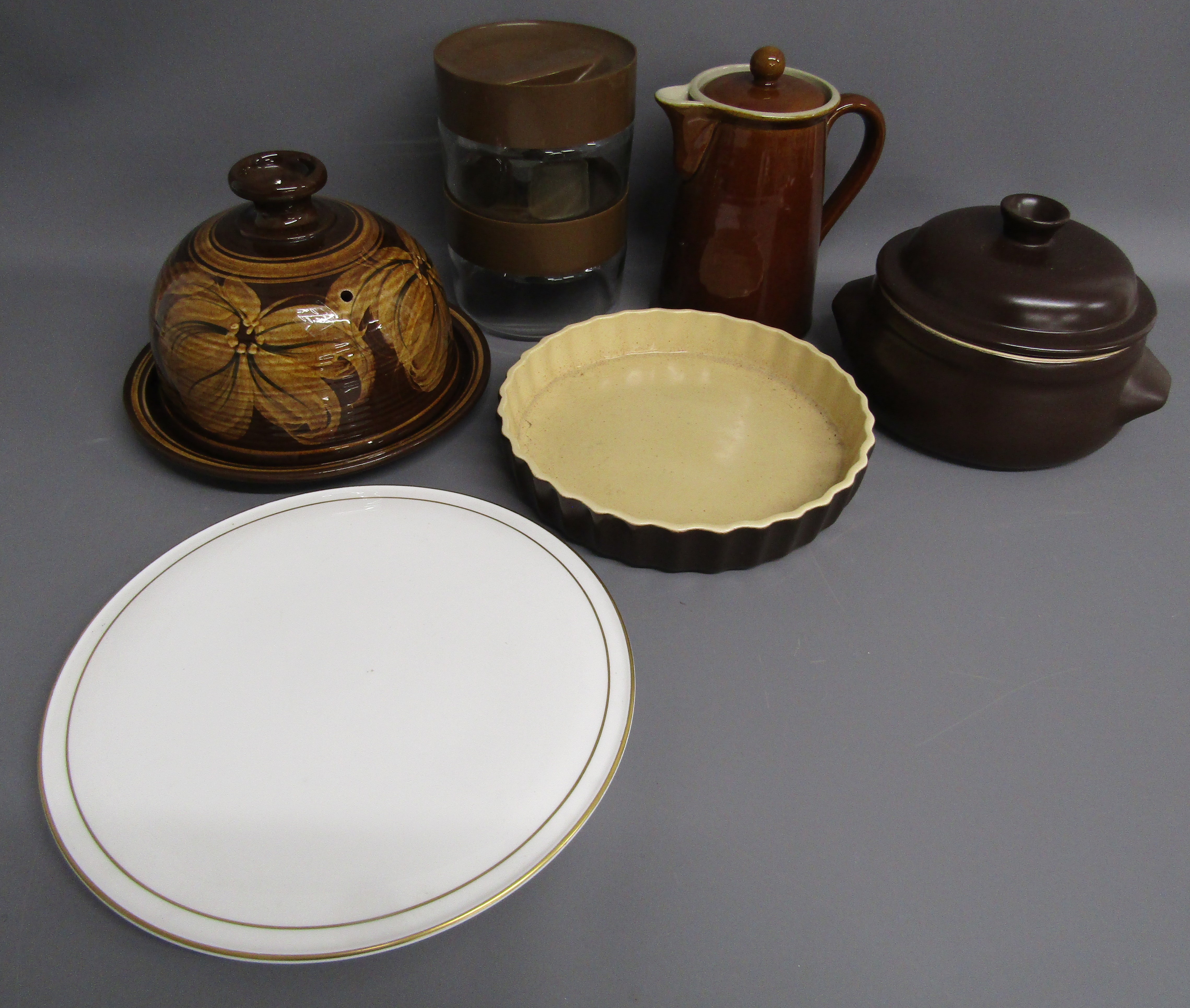 Royal Worcester 'Contessa' cake plate - pottery cheese dome - pair of glass canisters - stew pot -
