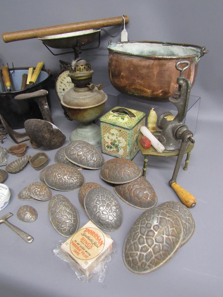French copper cooking pot, enamelled cooking pot, chocolate egg moulds, shoe last, sealing wax, etc - Image 4 of 11
