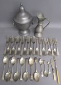 Pewter lidded cup and jug along with silver plate cutlery includes Nevada silver forks and spoons
