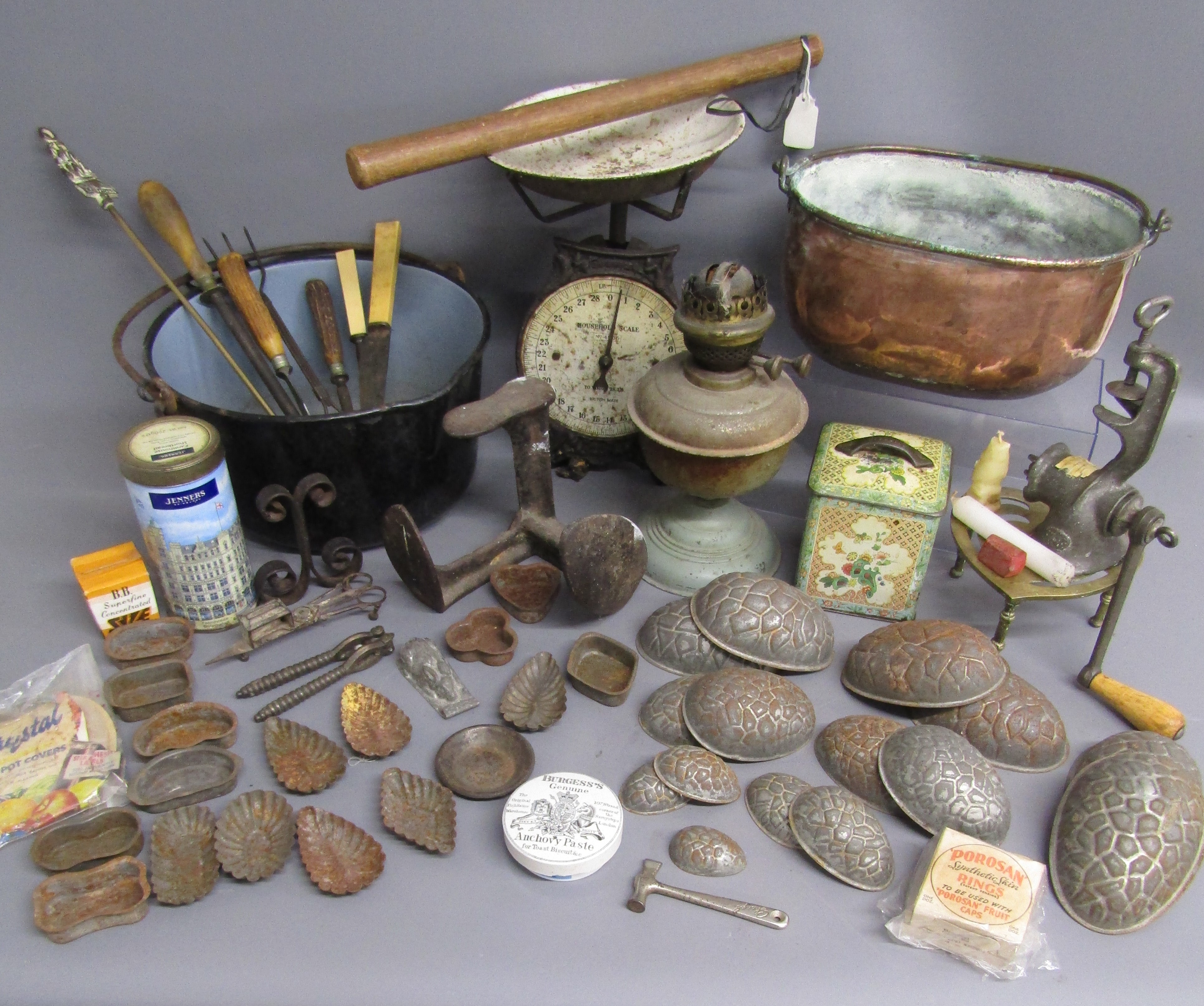 French copper cooking pot, enamelled cooking pot, chocolate egg moulds, shoe last, sealing wax, etc
