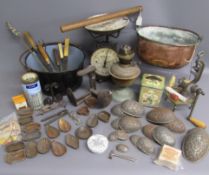 French copper cooking pot, enamelled cooking pot, chocolate egg moulds, shoe last, sealing wax, etc