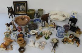 Mixed selection of ceramics includes Wedgwood, ornaments, wooden napkin rings, shells etc