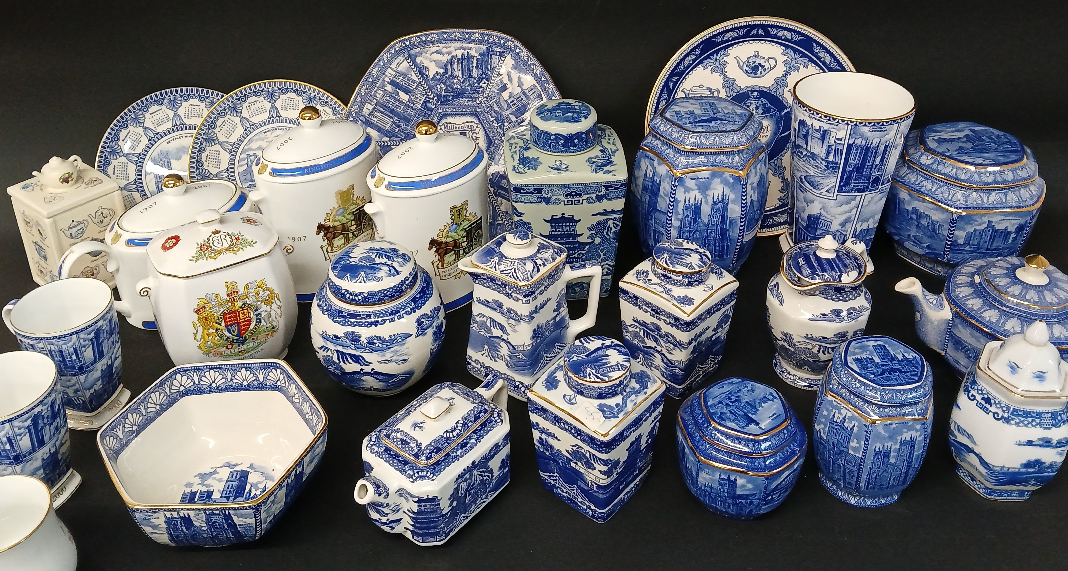 Selection of Ringtons Tea china including blue & white hexagonal porcelain tea caddies