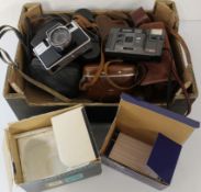 Afa Pararor camera, Zorki 4 camera, Kodak no 1 Kodamatic with accessories, Olympus Trip 35, Dakora