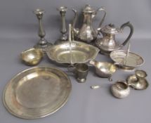Silver plate teapot, sauce boat, footed basket, bowl, egg cup, cup, James Dixon and sons teapot &