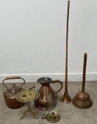 Copper kettle, jug, coaching horn, posher, trivet & a chamberstick