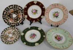 Royal Crown Derby - 4 x Vine Border Floral plates in red, teal, salmon, & green plus 2 x Imari