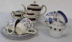 Copeland Blue 3 cups and saucers, Angel China Nagoya teapot, milk jug, sugar bowl, plus other