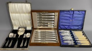 Cased silver plate fruit set, cased set of silver plate knives & forks and a cased set of silver