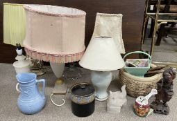 Various table lamps, carved Japanese figure etc (2 boxes)