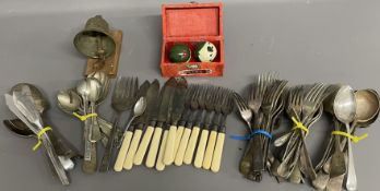 Various items of silver plate cutlery, cased Chinese Baoding balls