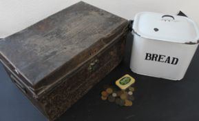 Trunk /  Deed box, enamelled bread pin, small collection of coins in promotional tin