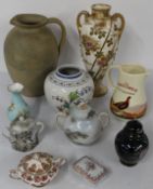 Mixed ceramics including a Hilstonia jug / flagon 30cm, vase 35cm and other vases / trinket box