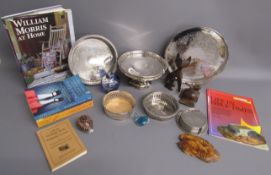 Silver plate includes tazza, coasters, trays also wooden and glass ornaments, books etc
