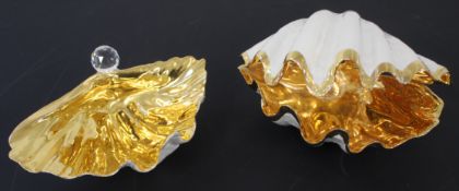 Two gilt coloured oyster shells with crystals, one open one partially closed 23cm x 15cm